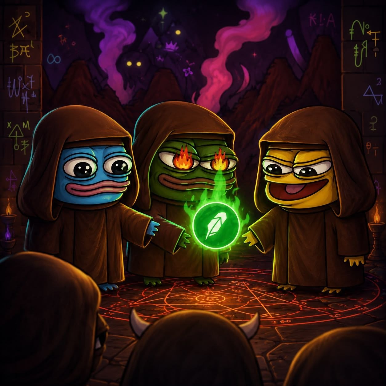 Hooded figures gathered around a glowing green sigil